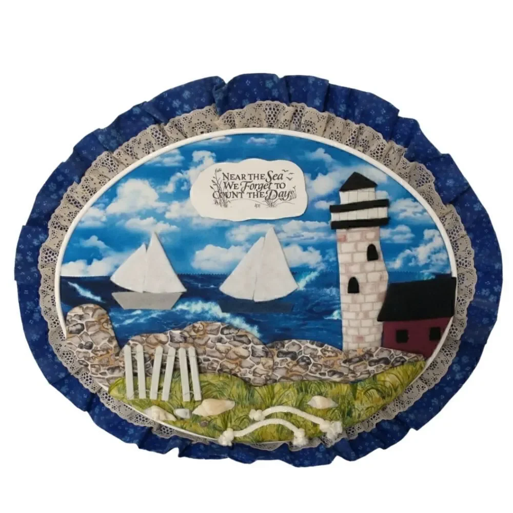 Vtg‎ Handmade Beach Wall Art Near The Sea Quilted Shells Lighthouse Beach House.